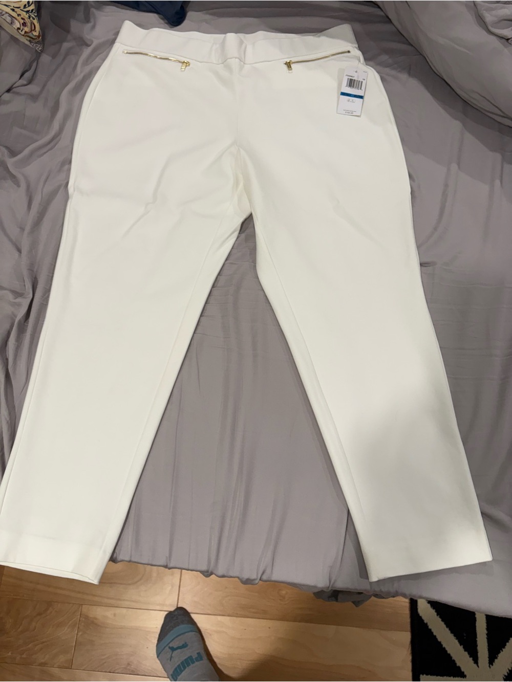 Michael Kors Cream Slim Stretch Dress Pants with Gold Zipper Accents